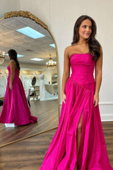 Strapless Hot Pink A-Line Prom Dress with Slit