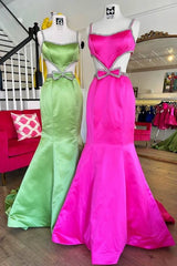 Fuchsia Cutout Beaded Mermaid Prom Dress with Bow