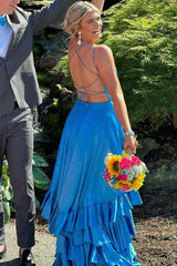 Crew Neck Ruffle Slit Mermaid Prom Dress with Lace-Up