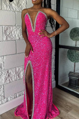Plunging Neck Sequin Mermaid Prom Dress with Slit