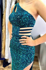 Dark Green One Shoulder Sequin Prom Dress with Slit