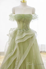 Elegant Sage Applique Ruffle Tulle Prom Dress with Off Shoulder