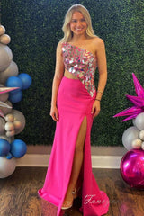 Royal Blue Sequin Cutout Mermaid Slit Prom Dress with One Shoulder