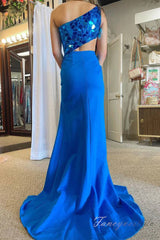 Royal Blue Sequin Cutout Mermaid Slit Prom Dress with One Shoulder