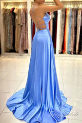 Spaghetti Straps Blue A-Line Prom Dress with Slit