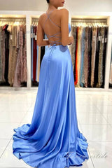 Spaghetti Straps Blue A-Line Prom Dress with Slit