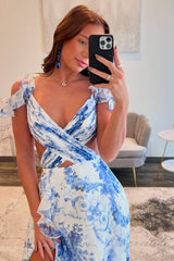 Straps Blue Floral Print Layered Long Prom Dress