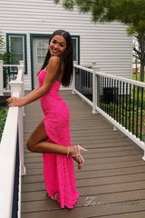 Hot Pink Strapless Sequin Slit Mermaid Prom Dress
