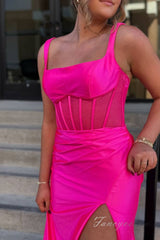 Straps Hot Pink Pleated Mermaid Prom Dress with Slit