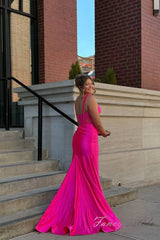 Straps Hot Pink Pleated Mermaid Prom Dress with Slit