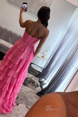 Strapless Hot Pink Chiffon Ruffle Prom Dress with Slit