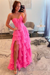 Strapless Hot Pink Chiffon Ruffle Prom Dress with Slit