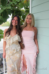Strapless Pink Layered Ruffle Dress with High Slit