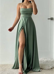 Sage Green Pleated A-Line Slit Prom Dress with Lace-up Back