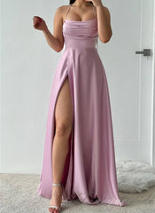 Sage Green Pleated A-Line Slit Prom Dress with Lace-up Back