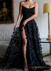 Strapless Black Applique A-Line Prom Dresses with 3D Floral