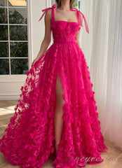 Fuchsia Straps A-line Slit Prom Dress with 3D Floral