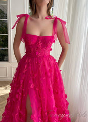 Fuchsia Straps A-line Slit Prom Dress with 3D Floral