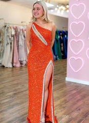One Shoulder Asymmetrial Sequin Mermaid Prom Dress with Slit