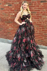 Pink Halter Floral Print A-Line Layered Prom Dress