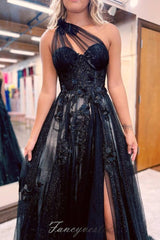 One Shoulder Black Tulle Slit A-Line Prom Dress with 3D Floral