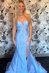 Strapless Blue Satin Slit Mermaid Prom Dress with Bow