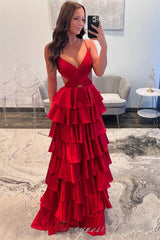 Straps V-Neck Red A-Line Ruffle Layered Prom Dress