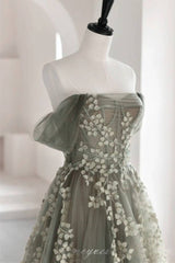 Off Shoulder Grey Floral Applique A-Line Prom Dress