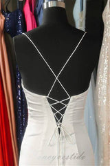 Spaghetti Straps White Pleated Mermaid Dress with Slit