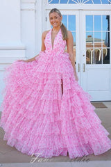 Halter Pink Floral Print Layered A-Line Ruffle Prom Dress