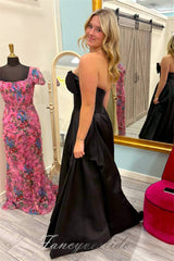 Elegant Black Strapless A-Line Slit Prom Dress with Bow