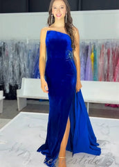 Asymmetrial Velvet Slit Mermaid Prom Dress with Train
