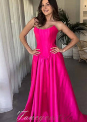 Hot Pink Crew Neck Corset Satin A-Line Prom Dress