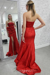 Blue Strapless Pleated Slit Mermaid Prom Dress with Bow