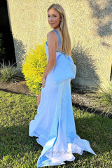 Square Neck Beaded Slit Mermaid Prom Dress with Bow Back