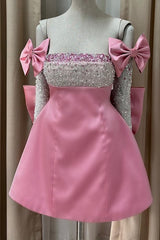 Strapless Rhinestones A-Line Prom Dress with Detachable Bow Sleeves