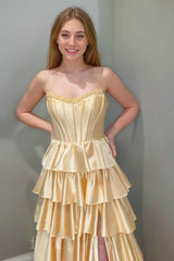 Elegant Strapless A-Line Ruffle Prom Dress with Slit