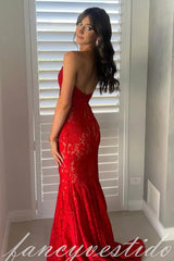 Sweetheart Red Lace Applique Mermaid Prom Dress