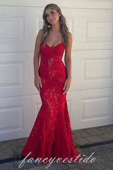 Sweetheart Red Lace Applique Mermaid Prom Dress