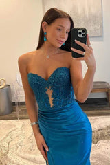 Royal Blue Lace Applique High Slit Pleated Mermaid Dress
