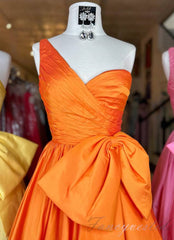 One Shoulder Orange Pleated A-Line Prom Dress with Bow
