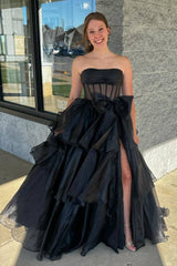 Strapless A-Line Ruffle Prom Dress with Bow