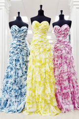 Floral Print Pleated Ruffle Prom Dress with Slit