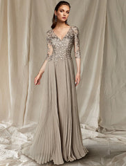 A-Line Mother of the Bride Dress Wedding Guest Elegant Plus Size V Neck Floor Length Chiffon Lace Half Sleeve with Pleats Appliques