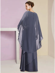 Sheath / Column Mother of the Bride Dress Wedding Guest Elegant Jewel Neck Floor Length Chiffon Half Sleeve with Sequin Tier Solid Color