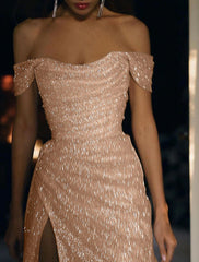 Wholesale Mermaid Evening Dresses Sparkle Wedding Dress For Reception Prom Dress Sweep / Brush Train Short Sleeve Off Shoulder Sequins with Slit