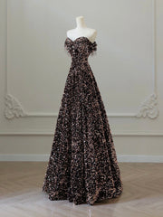 Off Shoulder A-Line Coffee Gold Sequin Long Prom Dress, Coffee Gold Evening Dress