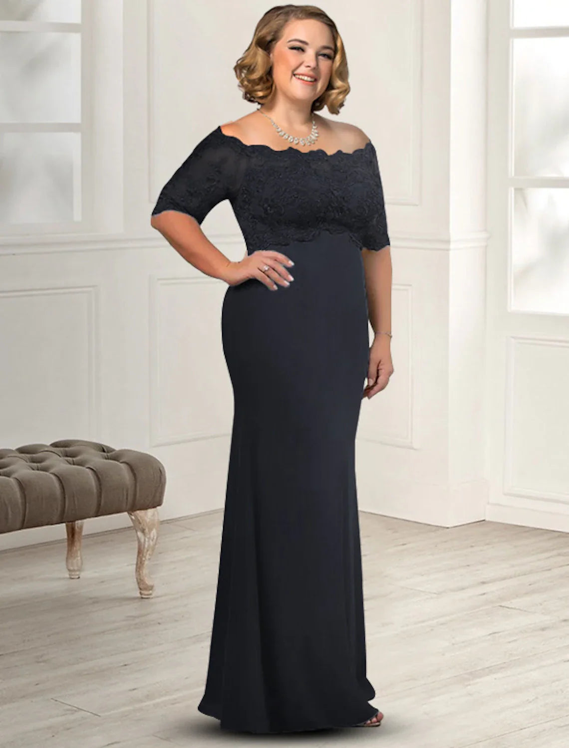 Aimishang  Sheath / Column Mother of the Bride Dress Plus Size Elegant Off Shoulder Floor Length Chiffon Lace Half Sleeve with Appliques