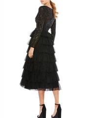 A-Line Cocktail Dresses Elegant Dress Wedding Guest Party Wear Tea Length Long Sleeve Jewel Neck Fall Wedding Guest Tulle with Sequin Tiered