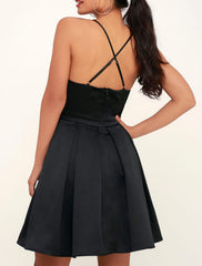 A-Line Black Dress Sexy Graduation Cocktail Party Dress V Neck Sleeveless Short / Mini Satin with Criss Cross Pleats